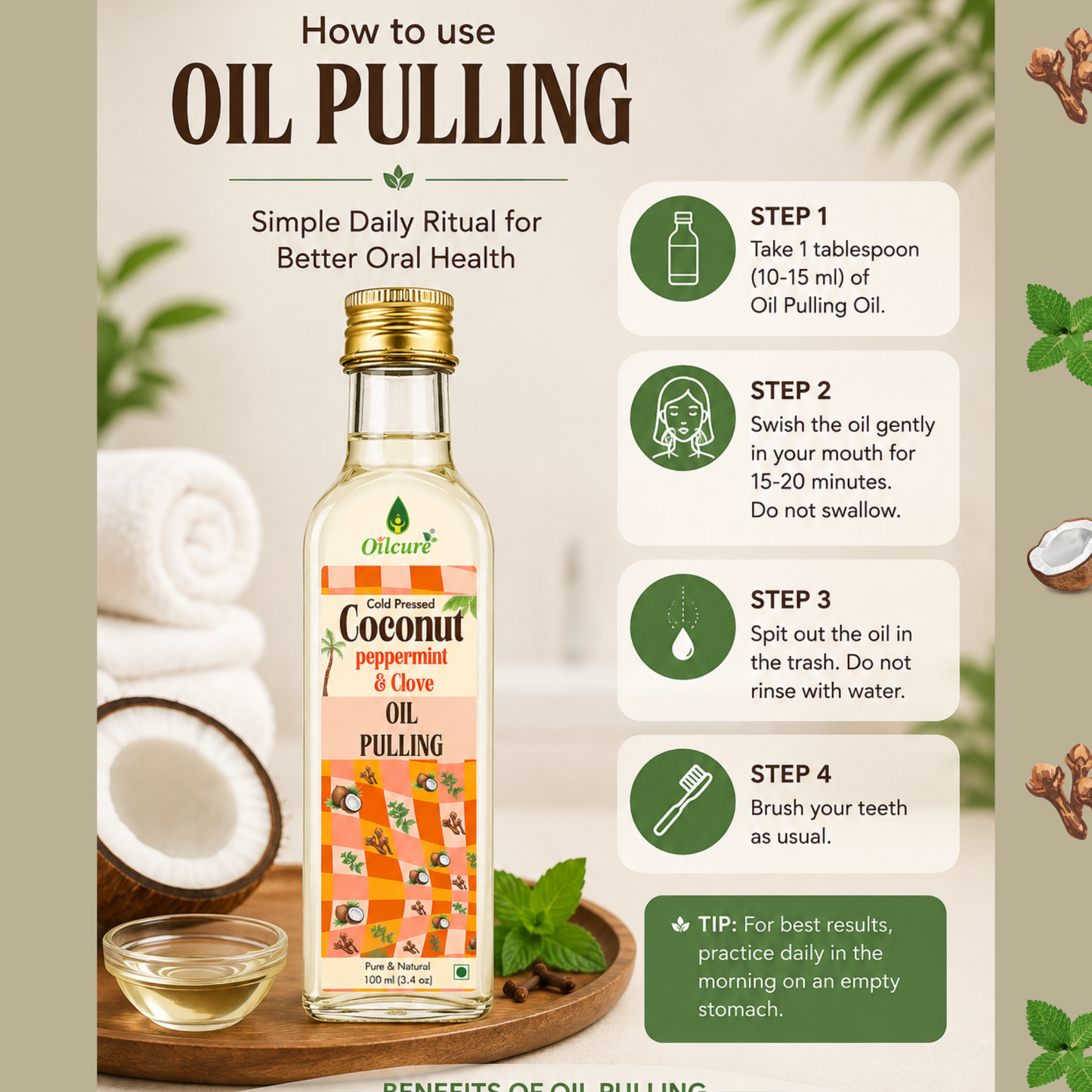 Daily oil pulling routine with coconut, peppermint, and clove oils