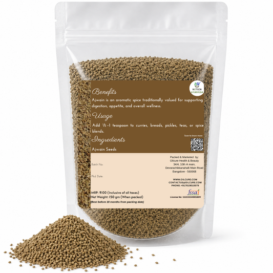 Premium Ajwain 150 gms in a transparent stand-up pouch with natural whole carom seeds for cooking, seasoning, and traditional herbal use.