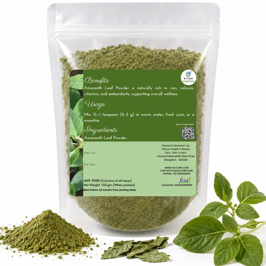 Premium Amaranth Leaf Powder in a transparent stand-up pouch with finely ground dried amaranth leaves for cooking, smoothies, and everyday nutrition.