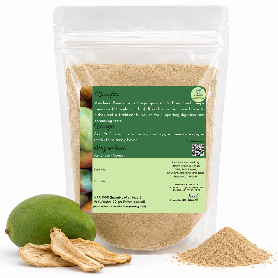 Premium Amchoor Powder in a transparent stand-up pouch with finely ground dried raw mango powder for cooking, seasoning, and authentic Indian recipes.