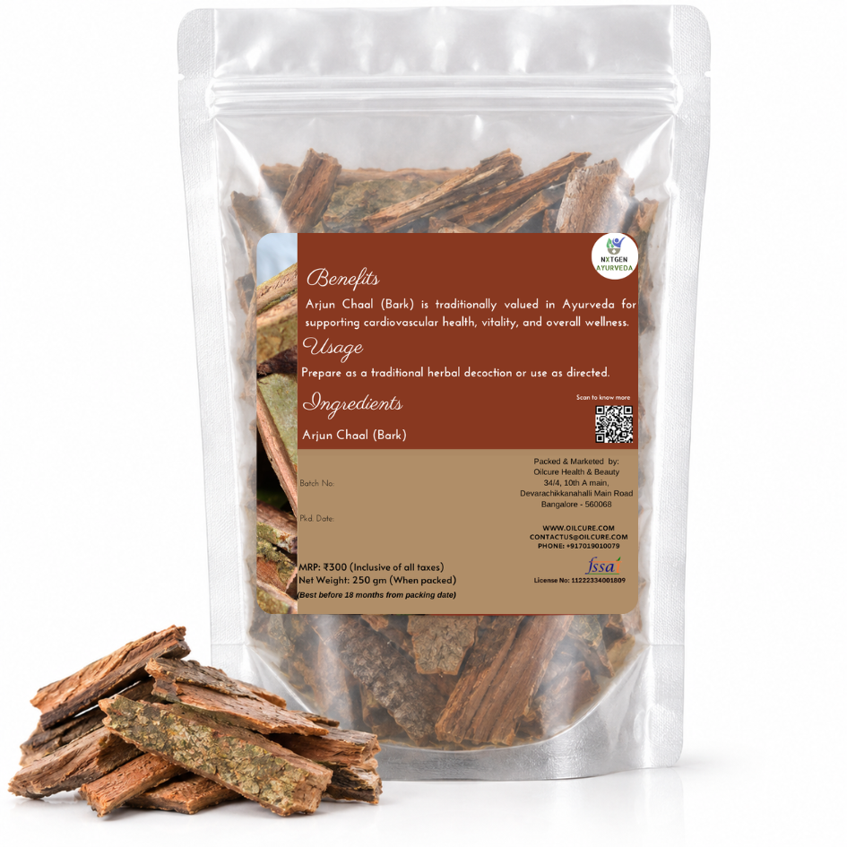 Premium Arjun Chaal (Bark) in a transparent stand-up pouch with naturally dried Arjuna bark for traditional Ayurvedic and herbal use.