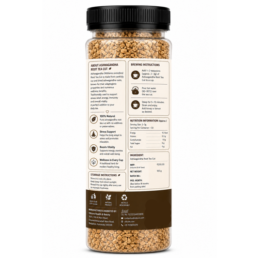 Premium Ashwagandha Root Tea Cut in a transparent stand-up pouch with naturally dried Ashwagandha root pieces for herbal tea and traditional infusions.
