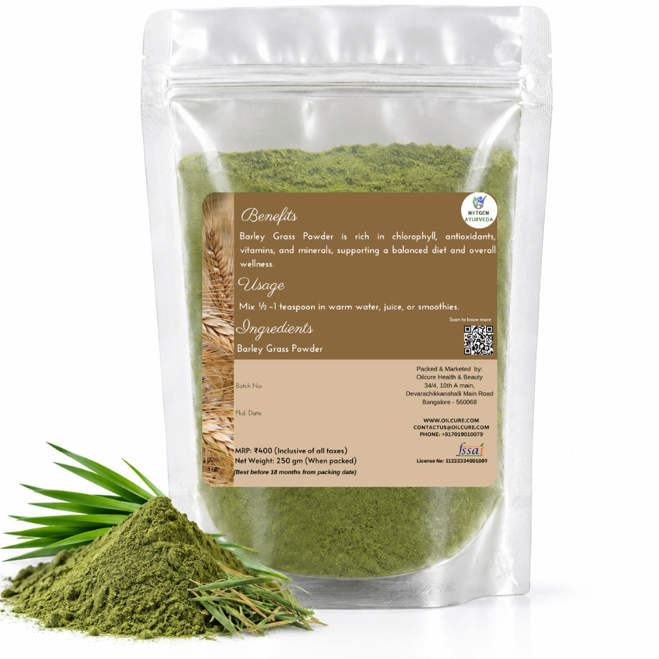 Premium Barley Grass Powder in a transparent stand-up pouch with finely ground barley grass for smoothies, juices, nutrition, and everyday wellness.