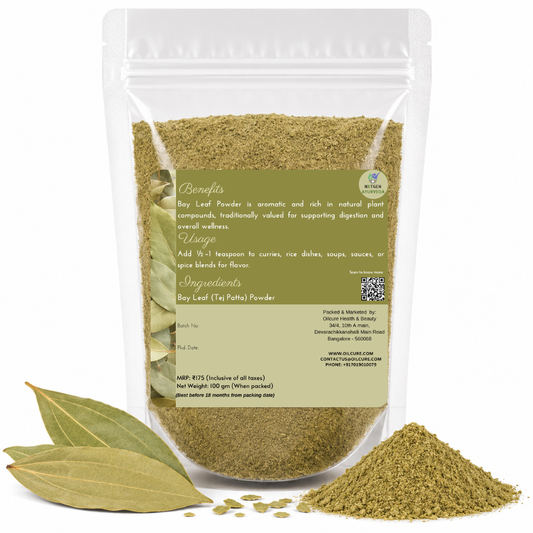 Premium Bay Leaf (Tej Patta) Powder in a transparent stand-up pouch with finely ground dried bay leaves for authentic Indian cooking and seasoning.