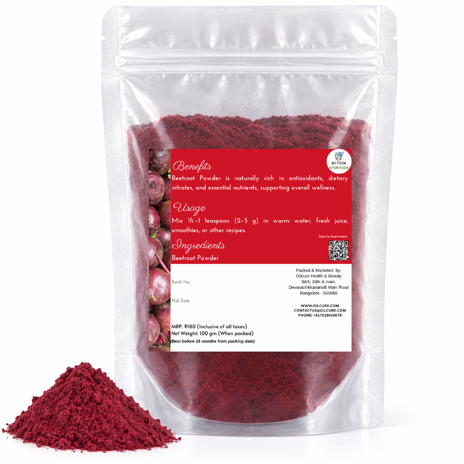 Premium Beetroot Powder in a transparent stand-up pouch with finely ground dried beetroot for smoothies, beverages, cooking, and everyday nutrition.
