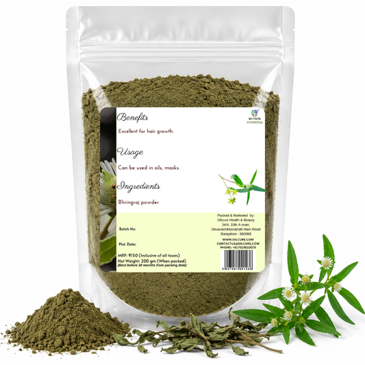 Premium Bhringraj Powder in a transparent stand-up pouch with finely ground Eclipta alba powder for traditional hair care and Ayurvedic wellness.