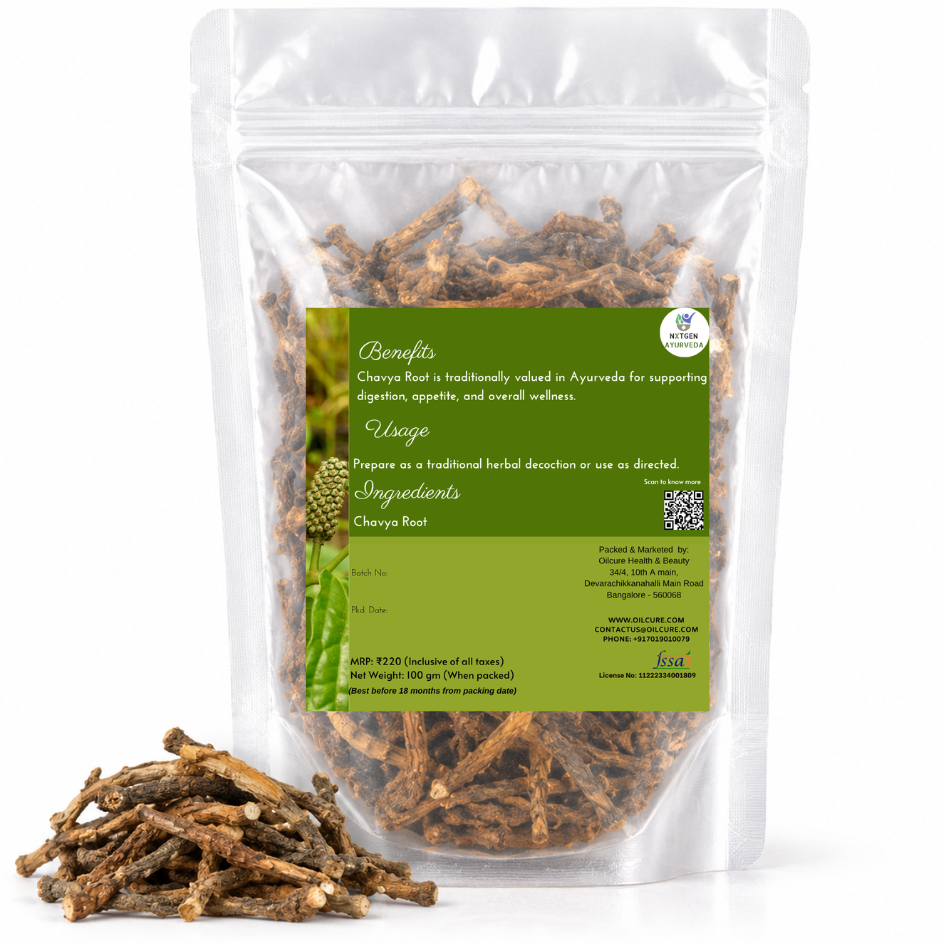 Premium Chavya Root in a transparent stand-up pouch with naturally dried herbal roots for traditional Ayurvedic and herbal use.