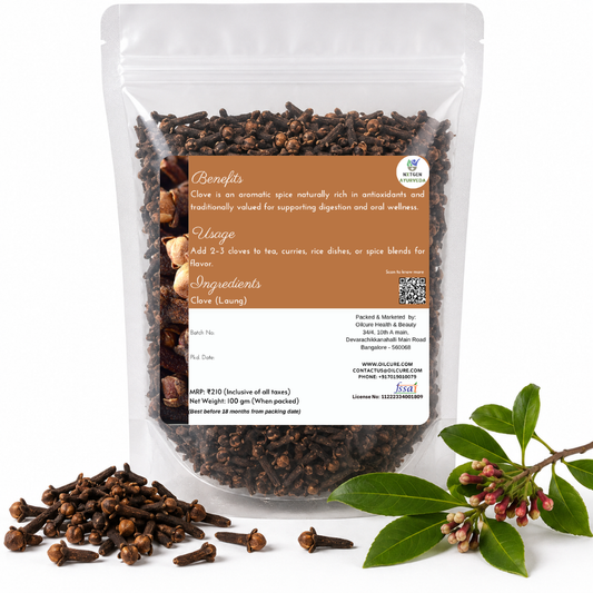 Premium Clove (Laung) in a transparent stand-up pouch with whole aromatic dried cloves for cooking, seasoning, tea, and traditional recipes.