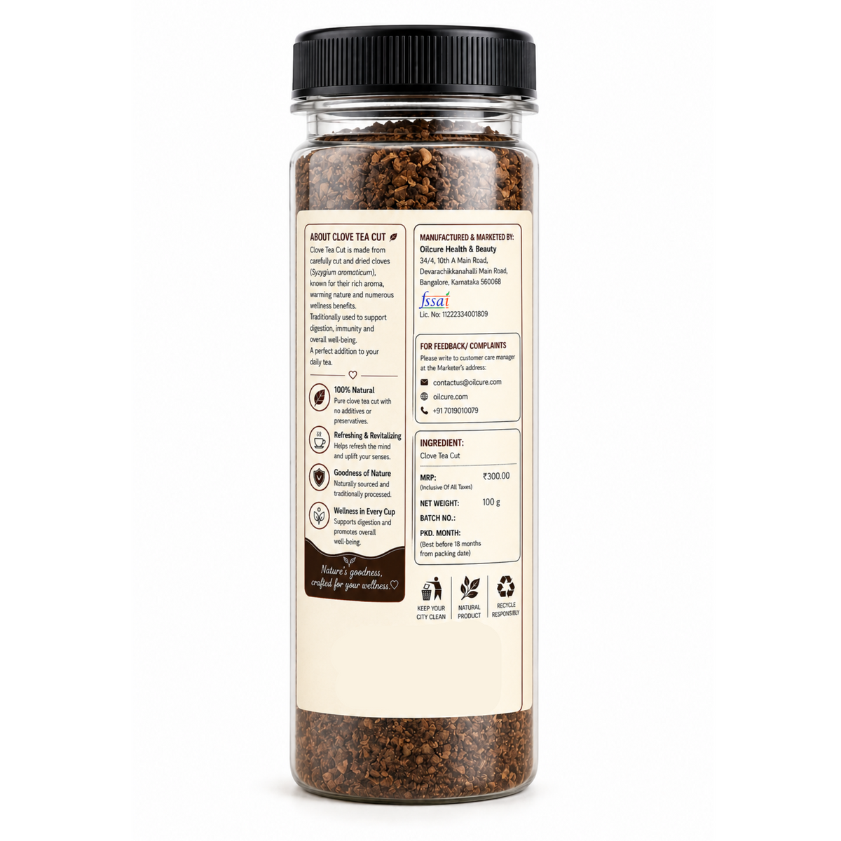 Premium Clove Tea Cut in a transparent stand-up pouch with aromatic dried clove pieces for flavorful herbal tea and traditional infusions.