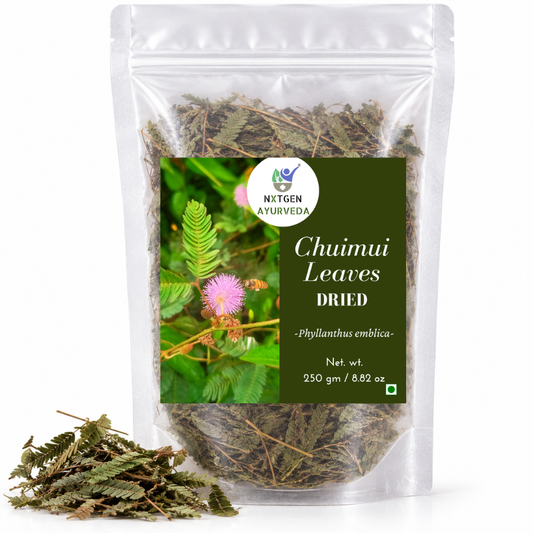 Premium Dried Chuimui (Mimosa Pudica) Leaves in a transparent stand-up pouch with naturally dried leaves for traditional Ayurvedic and herbal use.