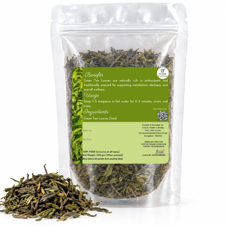 Premium Dried Green Tea Leaves in a transparent stand-up pouch with naturally dried green tea leaves for refreshing tea and herbal infusions.