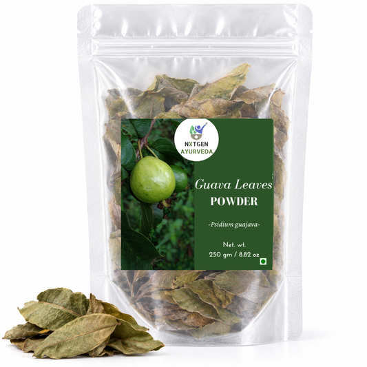 Premium Dried Guava Leaves in a transparent stand-up pouch with naturally dried guava leaves for traditional herbal and Ayurvedic use.