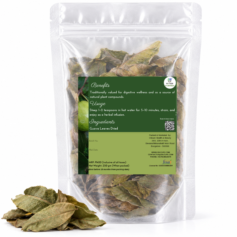 Premium Dried Guava Leaves in a transparent stand-up pouch with naturally dried guava leaves for traditional herbal and Ayurvedic use.