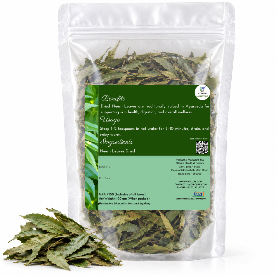 Premium Dried Neem Leaves in a transparent stand-up pouch with naturally dried neem leaves for traditional Ayurvedic, herbal, and skincare use.