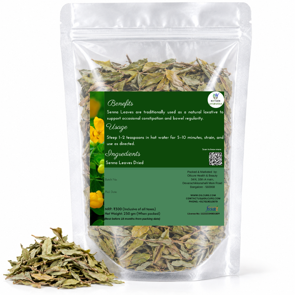 Premium Dried Senna Leaves in a transparent stand-up pouch with naturally dried senna leaves for traditional herbal use.