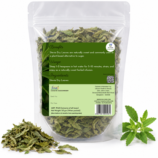 Premium Dried Stevia Leaves in a transparent stand-up pouch with naturally dried stevia leaves for herbal tea, infusions, and natural sweetness.