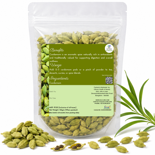 Premium Elaichi (Cardamom) in a transparent stand-up pouch with whole aromatic green cardamom pods for tea, cooking, desserts, and seasoning.