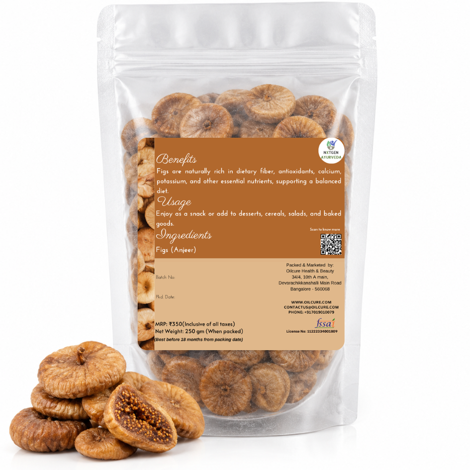 Premium Figs (Anjeer) in a transparent stand-up pouch with naturally dried figs for healthy snacking, baking, and cooking.