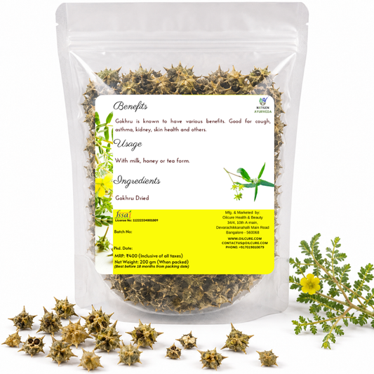 Premium Gokhru (Small Caltrop) in a transparent stand-up pouch with natural dried gokhru for traditional Ayurvedic herbal use.