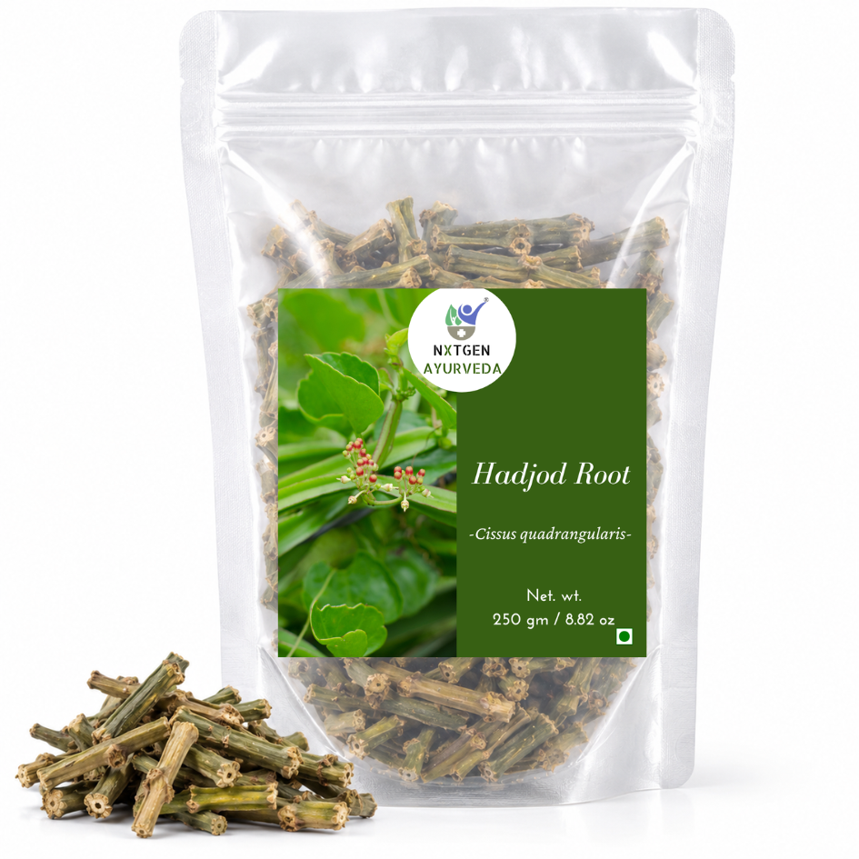 Premium Hadjod Root in a transparent stand-up pouch with naturally dried herbal roots for traditional Ayurvedic and herbal use.
