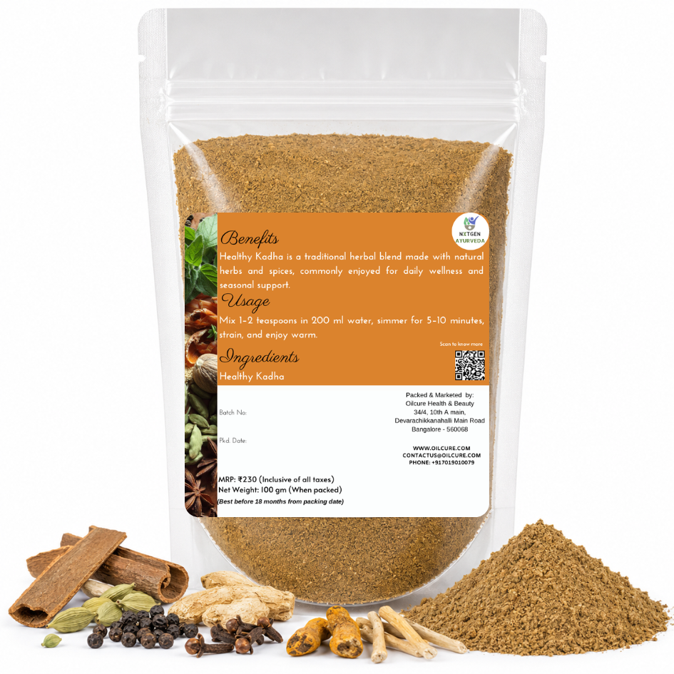 Premium Healthy Kadha blend in a transparent stand-up pouch with an aromatic mix of traditional herbs and spices for a warm herbal beverage.