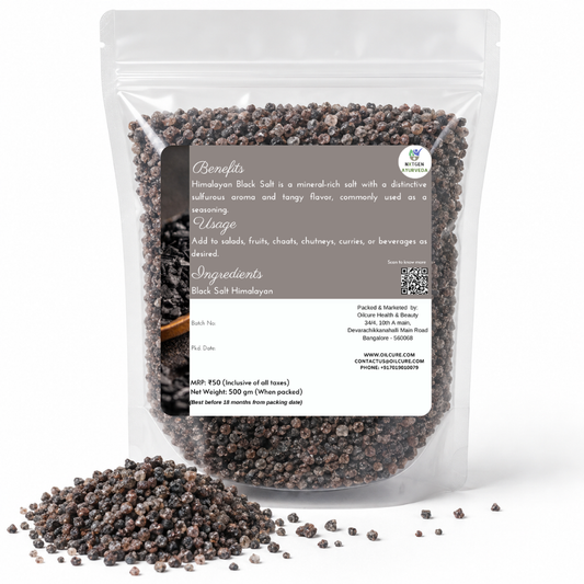Premium Himalayan Black Salt in a transparent stand-up pouch with natural dark salt crystals for seasoning, cooking, and traditional Indian recipes.