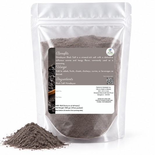 Premium Himalayan Black Salt in a transparent stand-up pouch with natural dark salt crystals for seasoning, cooking, and traditional Indian recipes.