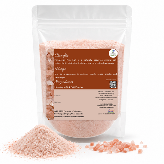 Premium Himalayan Pink Salt Powder in a transparent stand-up pouch with finely ground natural pink salt for cooking, seasoning, and everyday use.