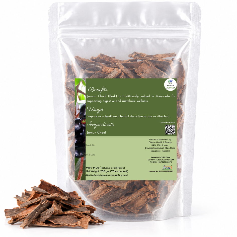 Premium Jamun Chaal in a transparent stand-up pouch with naturally dried Jamun tree bark for traditional Ayurvedic and herbal use.