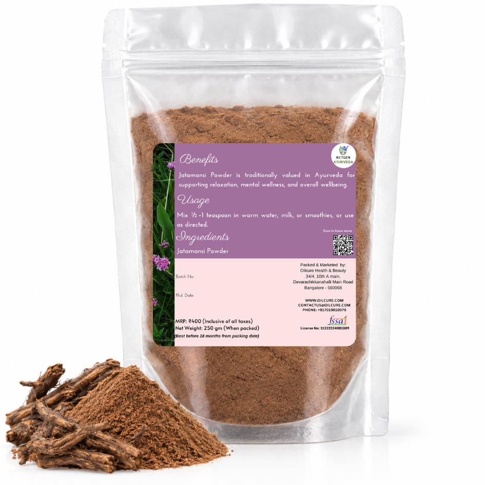 Premium Jatamansi Powder in a transparent stand-up pouch with finely ground Nardostachys jatamansi root powder for traditional Ayurvedic and herbal use.