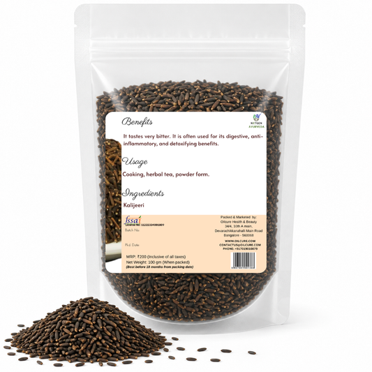 Premium Kali Jeeri 100 gm in a transparent stand-up pouch with natural black cumin seeds for traditional Indian cooking and herbal use.