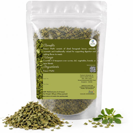 Premium Kasuri Methi (Dried Fenugreek Leaves) in a transparent stand-up pouch with naturally dried green fenugreek leaves for cooking, seasoning, and Indian recipes.