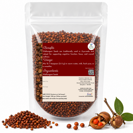 Premium Malkangani Seeds in a transparent stand-up pouch with natural Celastrus paniculatus seeds for traditional Ayurvedic herbal use.