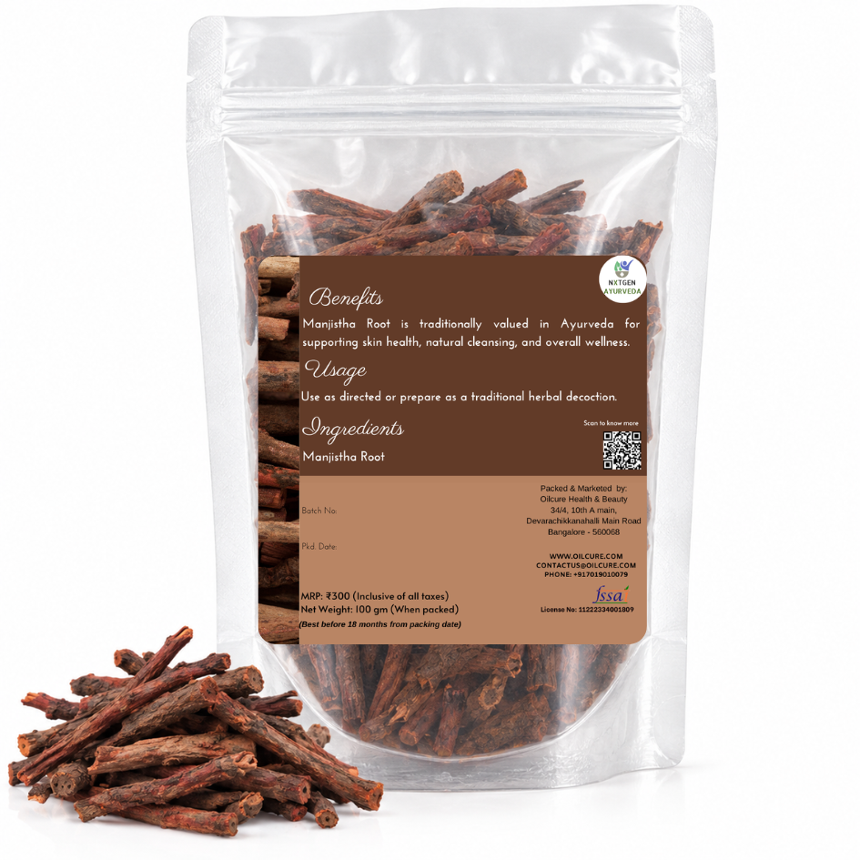 Premium Manjistha Root in a transparent stand-up pouch with naturally dried Manjistha roots for traditional Ayurvedic and herbal use.