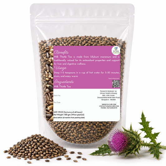 Premium Milk Thistle Tea in a transparent stand-up pouch with dried milk thistle herb for a soothing herbal tea and wellness beverage.
