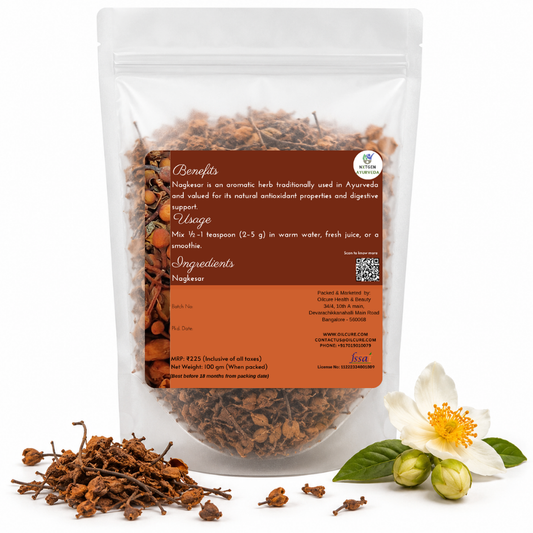 Premium Nagkesar in a transparent stand-up pouch with whole dried Nagkesar flowers for traditional Indian cooking, herbal infusions, and Ayurvedic use.