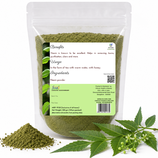 Premium Neem Powder in a transparent stand-up pouch with finely ground dried neem leaves for traditional Ayurvedic wellness and natural skincare.