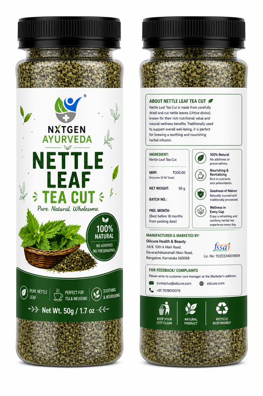 Premium Nettle Leaf Tea Cut in a transparent stand-up pouch with naturally dried nettle leaves for herbal tea and traditional infusions.