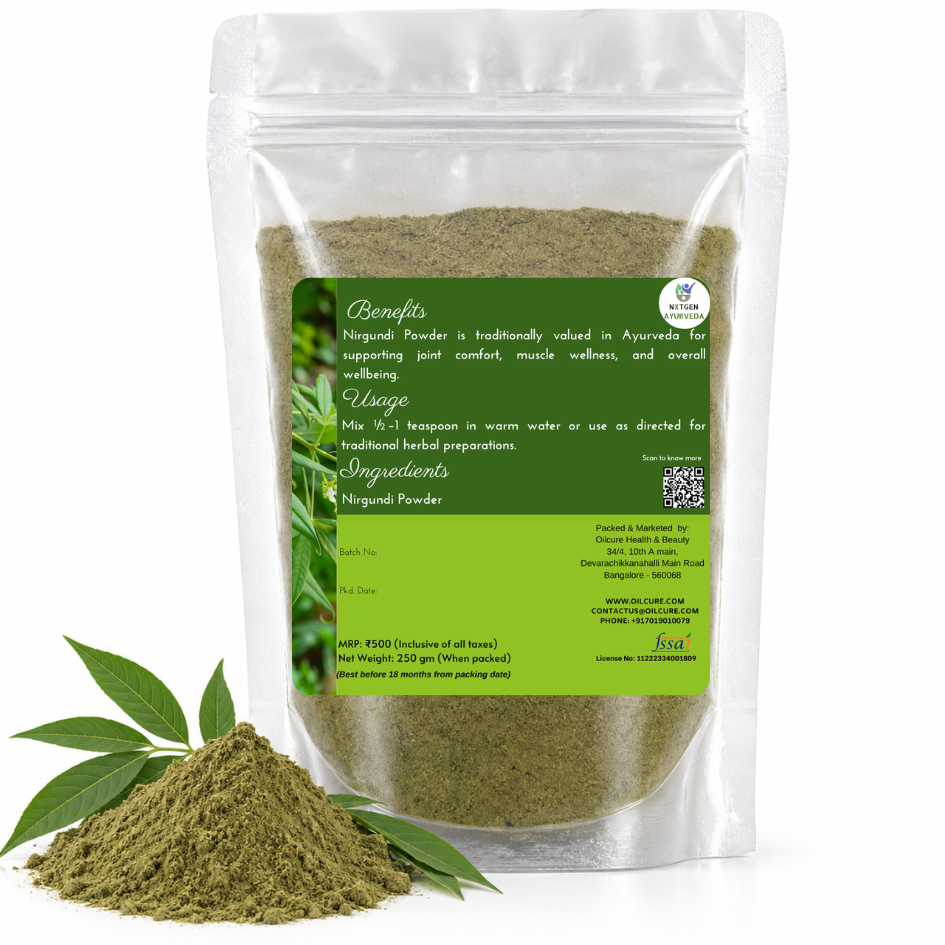Premium Nirgundi Powder in a transparent stand-up pouch with finely ground Vitex negundo leaves for traditional Ayurvedic and herbal use.
