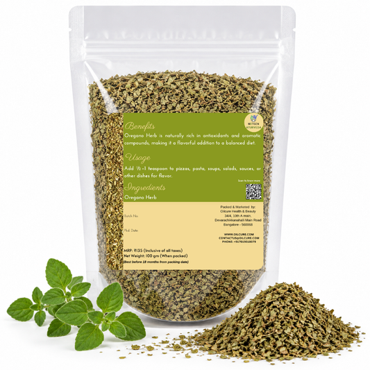 Premium Oregano Herb in a transparent stand-up pouch with aromatic dried oregano leaves for seasoning, cooking, pizzas, pasta, and sauces.