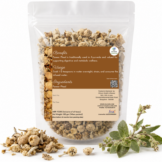 Premium Paneer Phool 100 gms in a transparent stand-up pouch with natural dried Paneer Phool for traditional Indian culinary and herbal use.