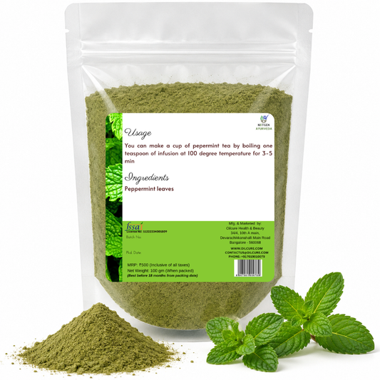 Premium Peppermint Leaves Powder 100 gms in a transparent stand-up pouch with finely ground dried peppermint leaves for herbal tea and wellness.