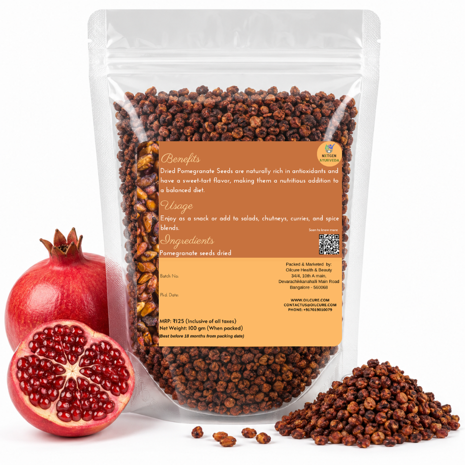 Premium Dried Pomegranate Seeds in a transparent stand-up pouch with naturally dried seeds for snacking, cooking, garnishing, and seasoning.