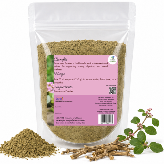 Premium Punarnava Powder in a transparent stand-up pouch with finely ground Boerhavia diffusa root powder for traditional Ayurvedic wellness.