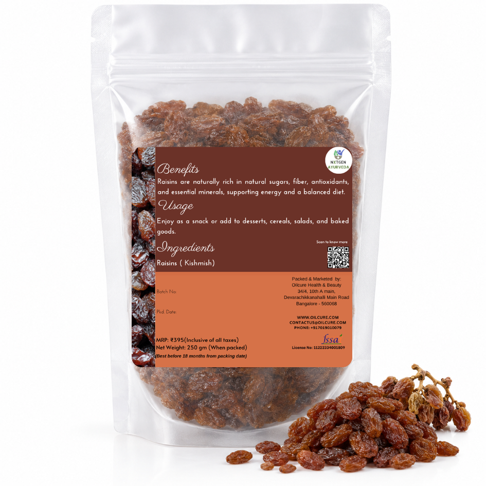 Premium Raisins (Kishmish) in a transparent stand-up pouch with naturally dried sweet raisins for healthy snacking, baking, and cooking.