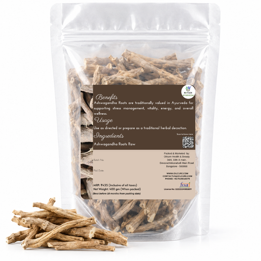 Premium Raw Ashwagandha Roots in a transparent stand-up pouch with naturally dried whole roots for traditional Ayurvedic and herbal use.