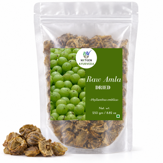 Premium Raw Dried Amla in a transparent stand-up pouch with naturally dried whole amla pieces for traditional Ayurvedic, herbal, and culinary use.