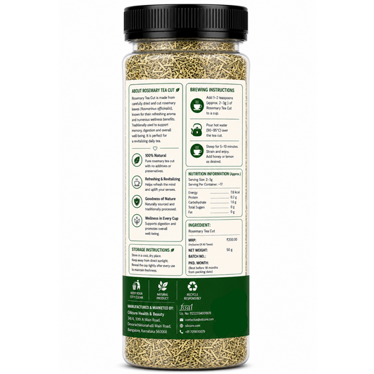 Premium Rosemary Tea Cut in a transparent stand-up pouch with aromatic dried rosemary pieces for refreshing herbal tea and flavorful infusions.