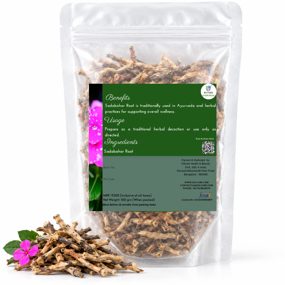 Premium Sadabahar Root in a transparent stand-up pouch with naturally dried herbal roots for traditional Ayurvedic and herbal use.