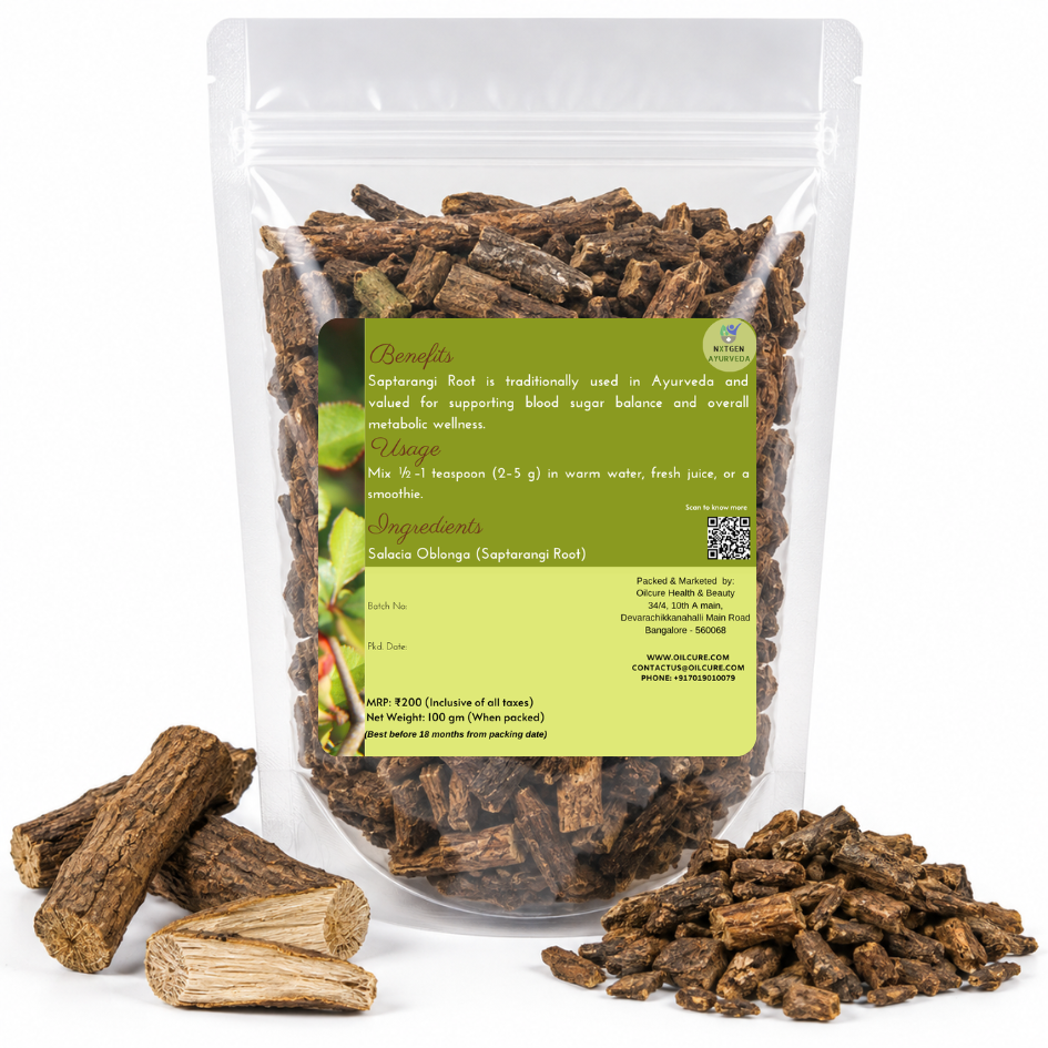 Premium Saptarangi (Salacia oblonga) Roots in a transparent stand-up pouch with dried herbal roots for traditional Ayurvedic wellness.